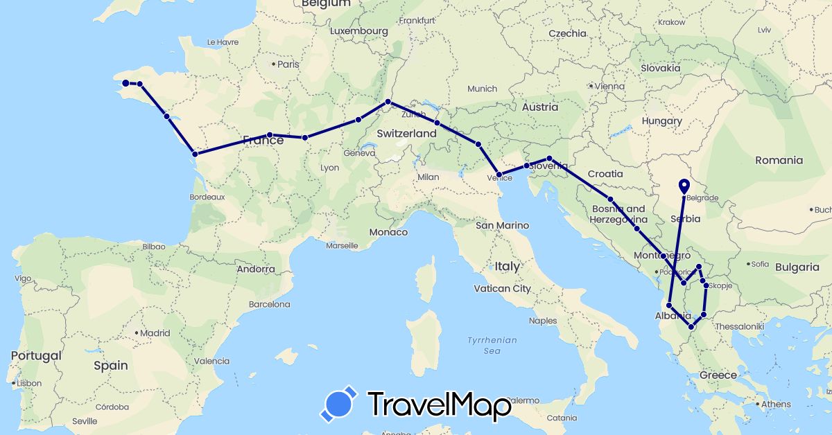 TravelMap itinerary: driving in Albania, Bosnia and Herzegovina, France, Italy, Liechtenstein, Montenegro, Macedonia, Serbia, Slovenia, Kosovo (Europe)